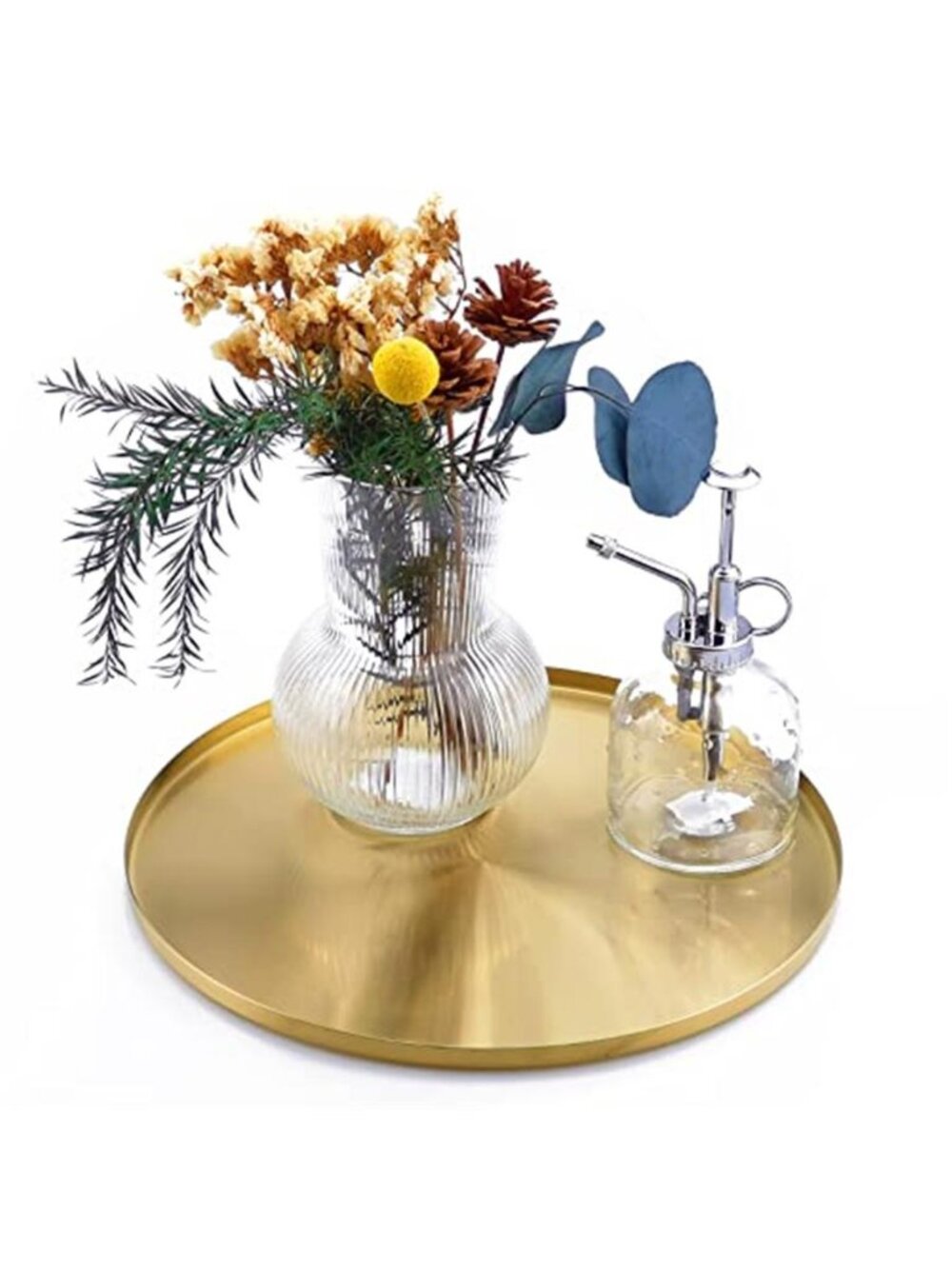 12 Inch Brushed Gold Round Tray,Stainless Steel Brass Decorative Tray for Coffee